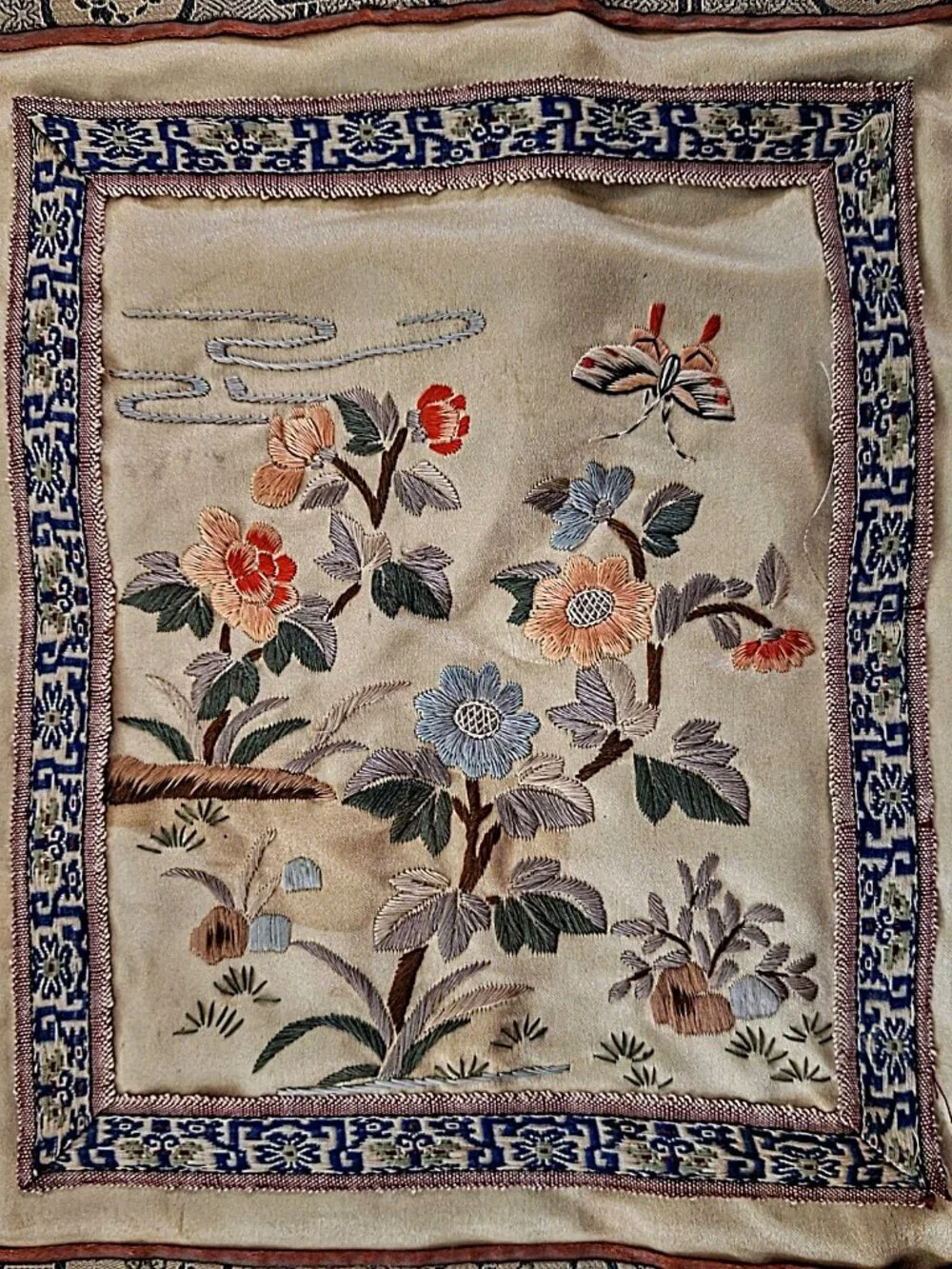 Vintage Chinese Silk Hand-Embroidered Dunhuang Butterfly Floral Tapestry 10”x11”